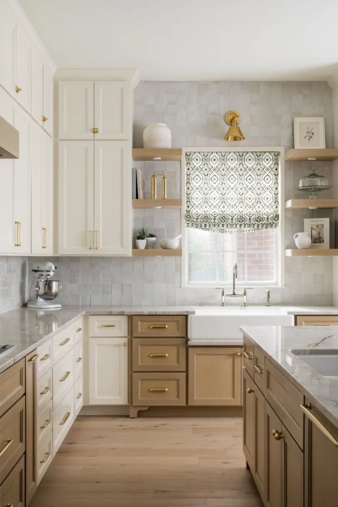 Two-tone kitchen with farmhouse sink, open shelving, and brass hardware